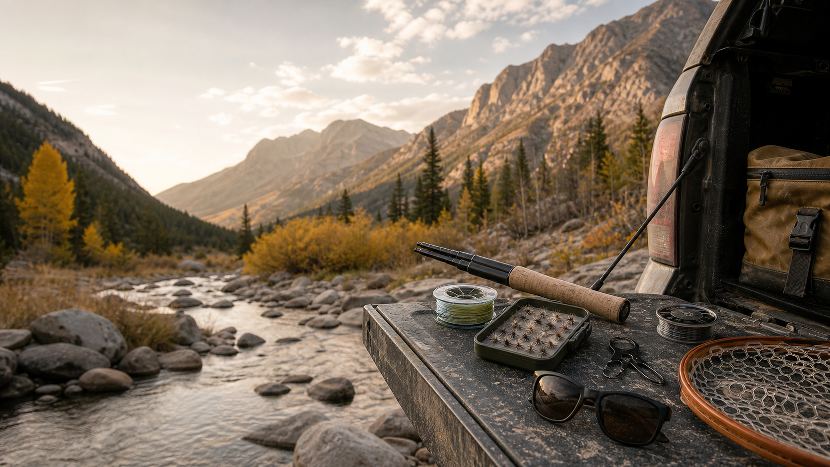 Tenkara rod, fly box, tippet, sunglasses, and net laid out on a truck tailgate beside a Colorado mountain creek.