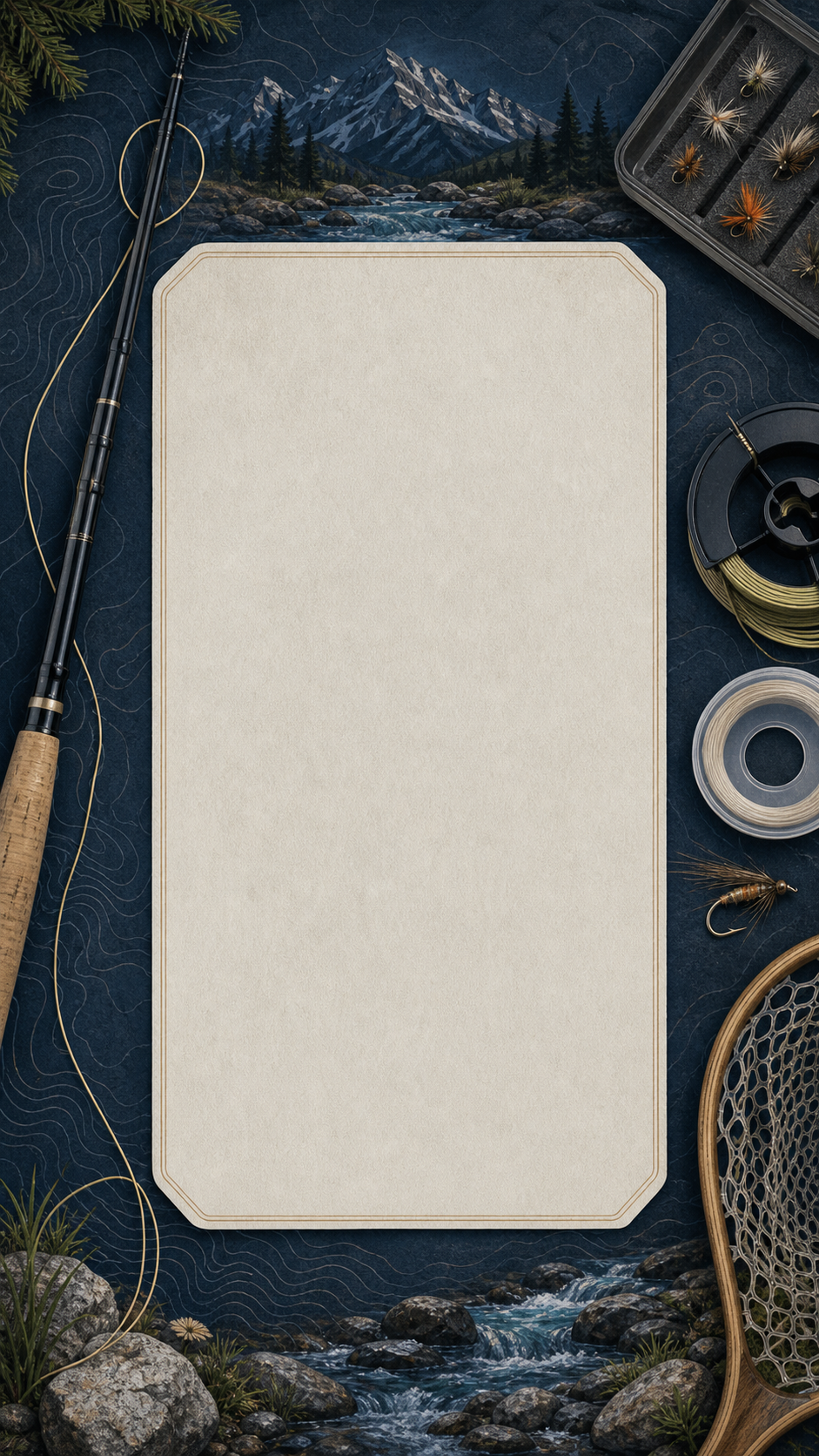 Vertical field-card background with a Tenkara rod, fly box, line spool, tippet, net, and alpine creek artwork.
